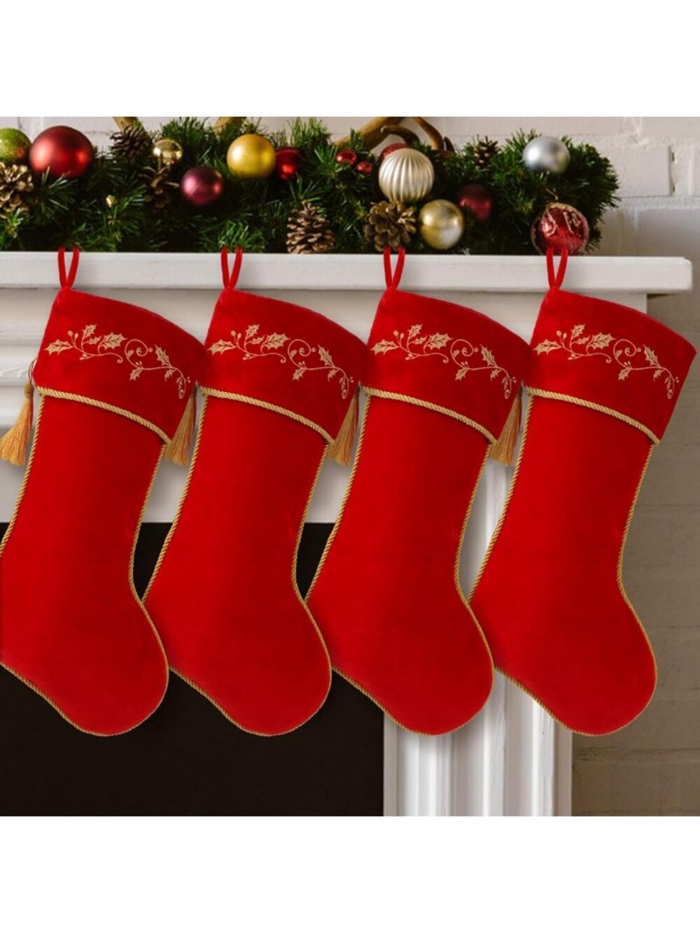 4 Pcs Red Velvet Christmas Stockings - 18 Inch, Embroidered Holly Design